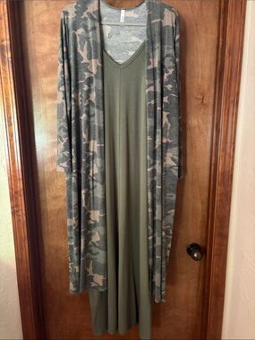 Magic Fit Olive Maxi Dress with Camouflage Duster